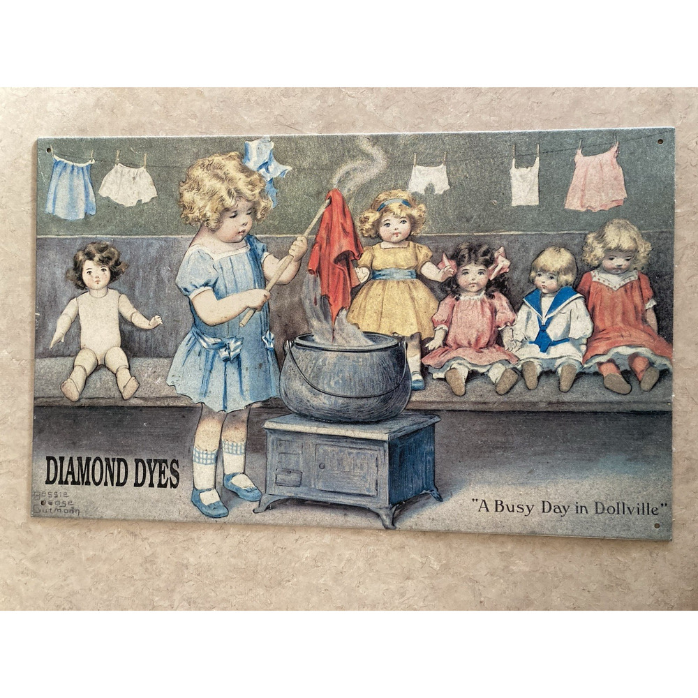 Vtg 1994 Diamond Dyes A Busy Day In Dollville Tin Sign 16" X 10" Bessie Gutmann